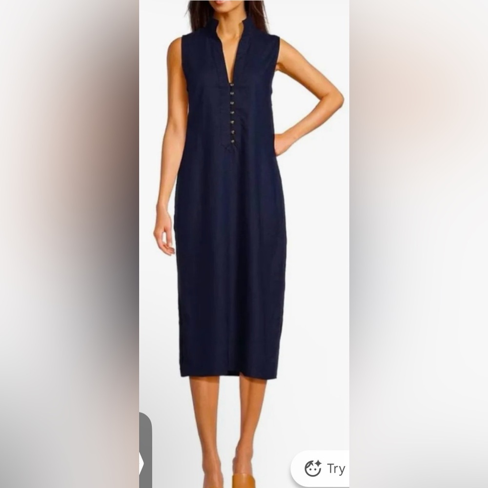 SAIL to SABLE Navy Linen Stand Collar Sleeveless Side Slit Midi Dress size M